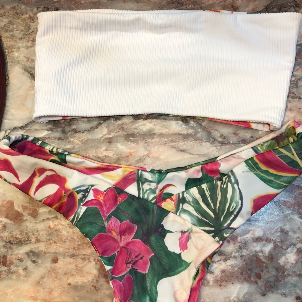 White tropical bandeau bikini set
